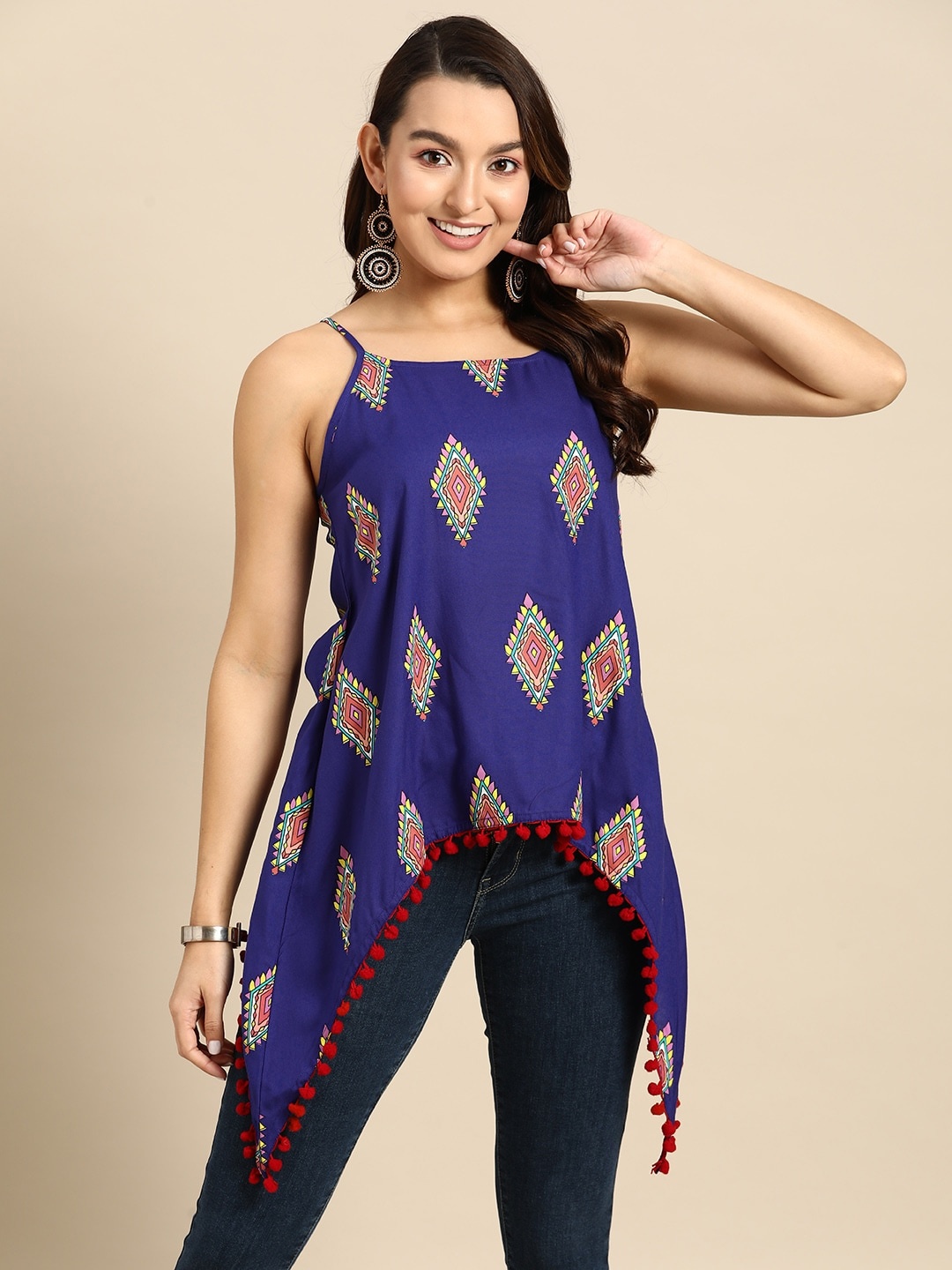 

Sangria Ethnic Print Shoulder Straps A-Line Fusion Top, Navy blue