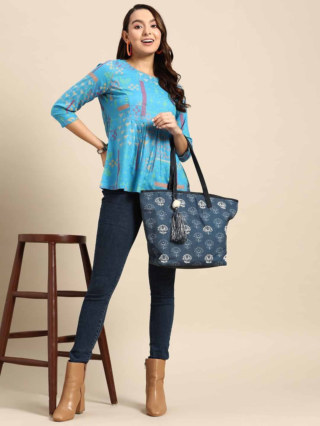 

Sangria Ethnic Motifs Printed A-Line Top, Blue
