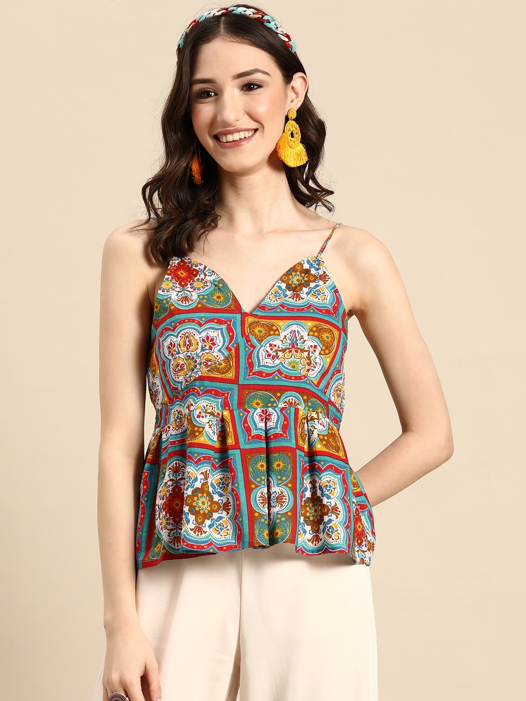 

Sangria Women Ethnic Print Peplum Top, Blue