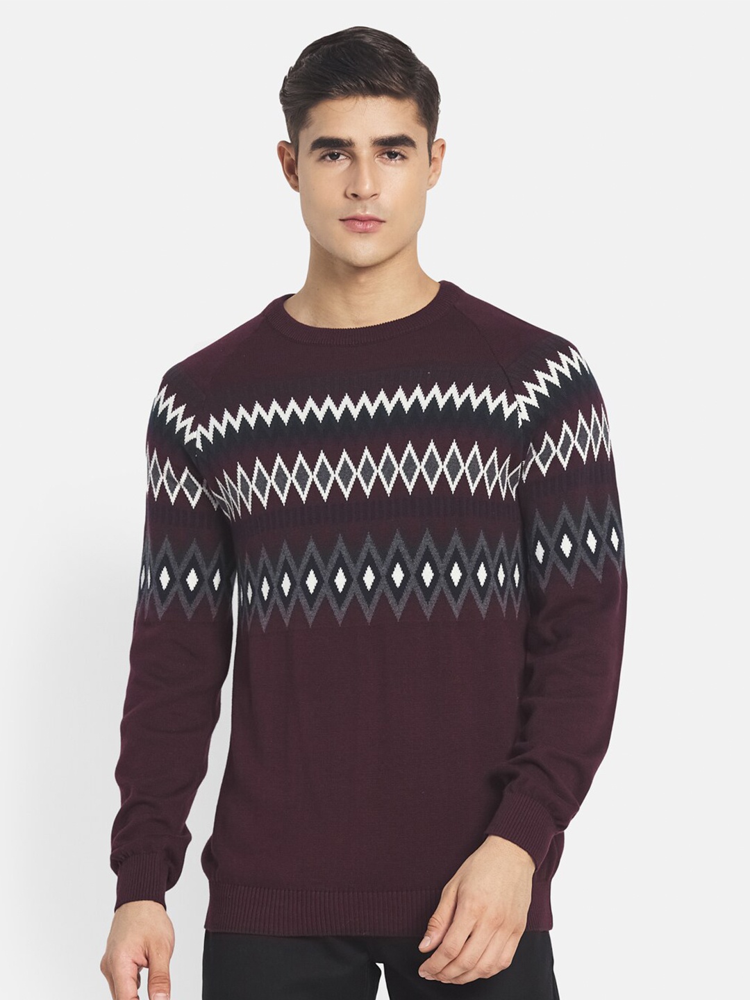 

METTLE Men Maroon & White Cotton Pullover