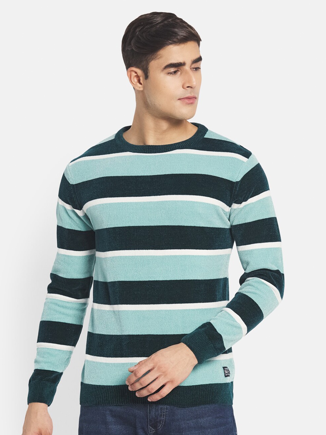 

METTLE Men Blue & White Colourblocked Striped Pullover