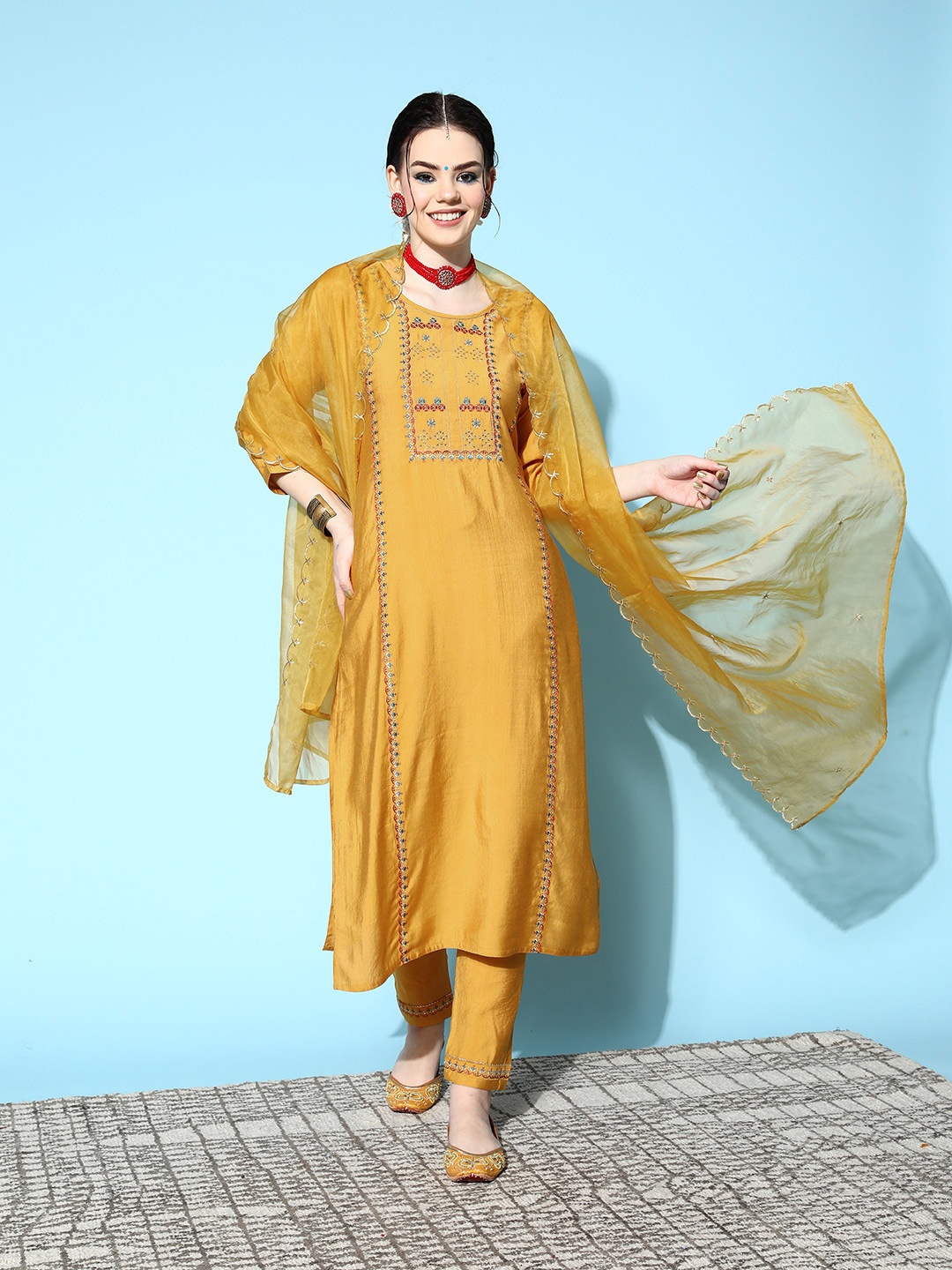 

SheWill Women Mustard Yellow Yoke Design Kurta with Trousers & Dupatta