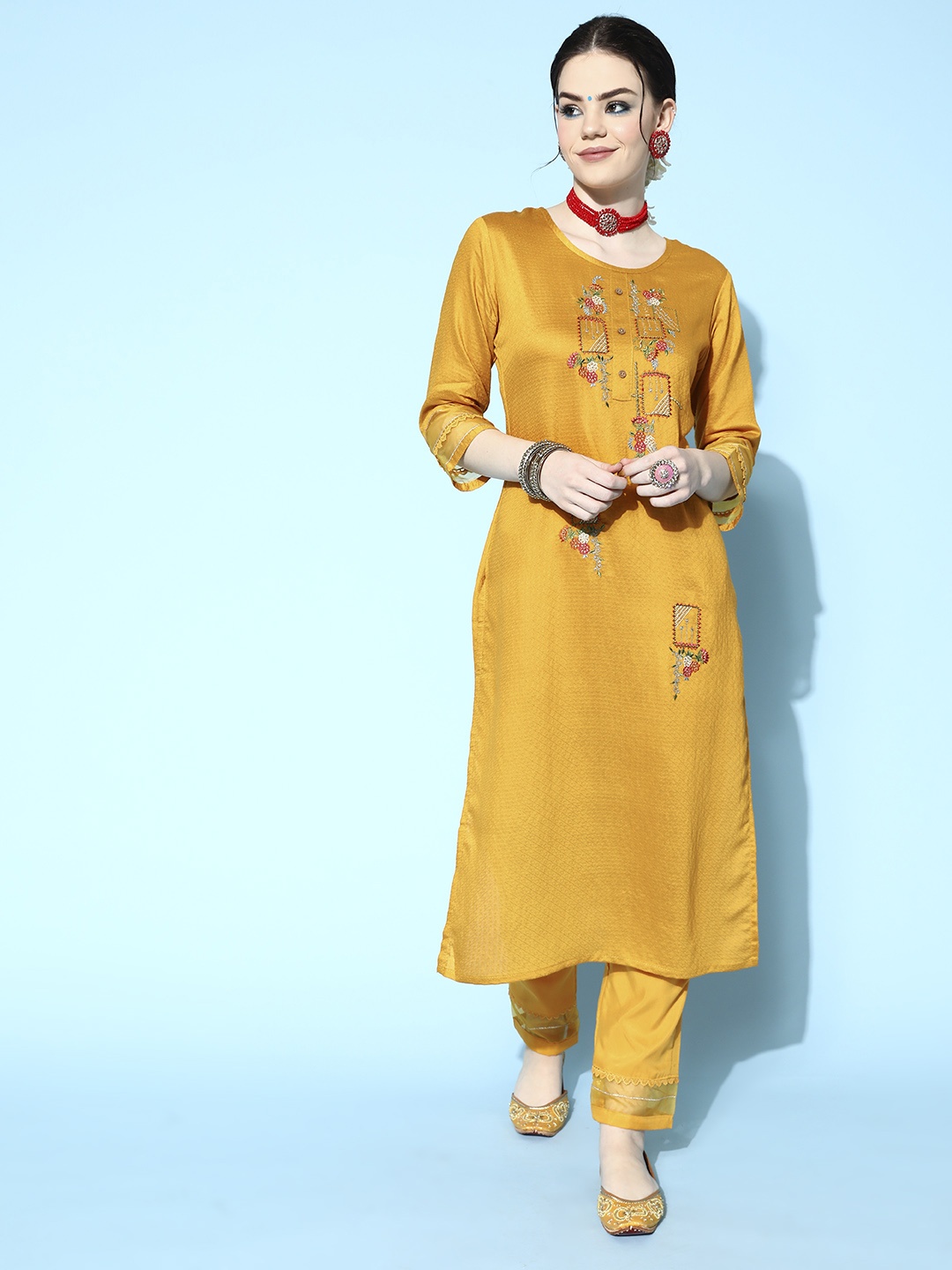 

SheWill Women Mustard Yellow Floral Embroidered Kurta with Trousers