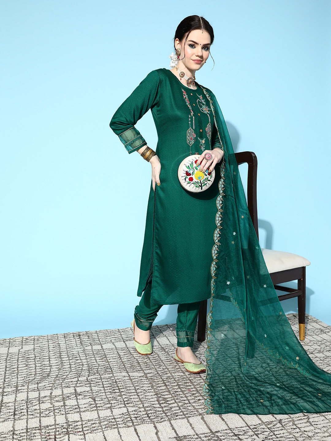 

SheWill Women Green Floral Embroidered Kurta with Trousers & Dupatta