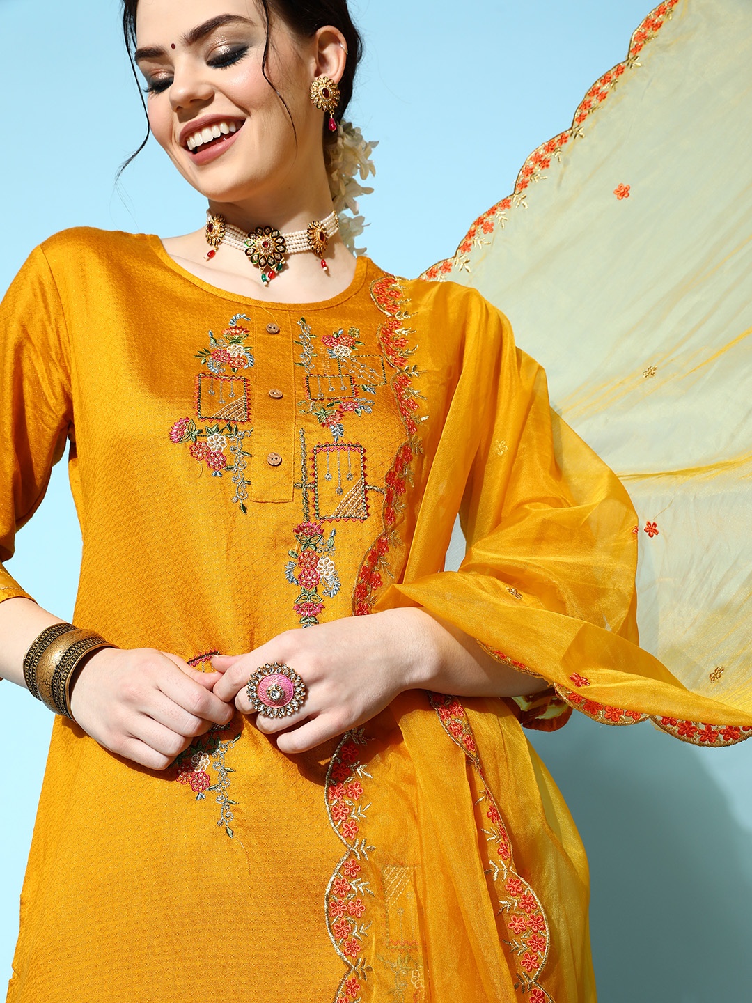 

SheWill Women Mustard Yellow Floral Embroidered Kurta with Trousers & With Dupatta