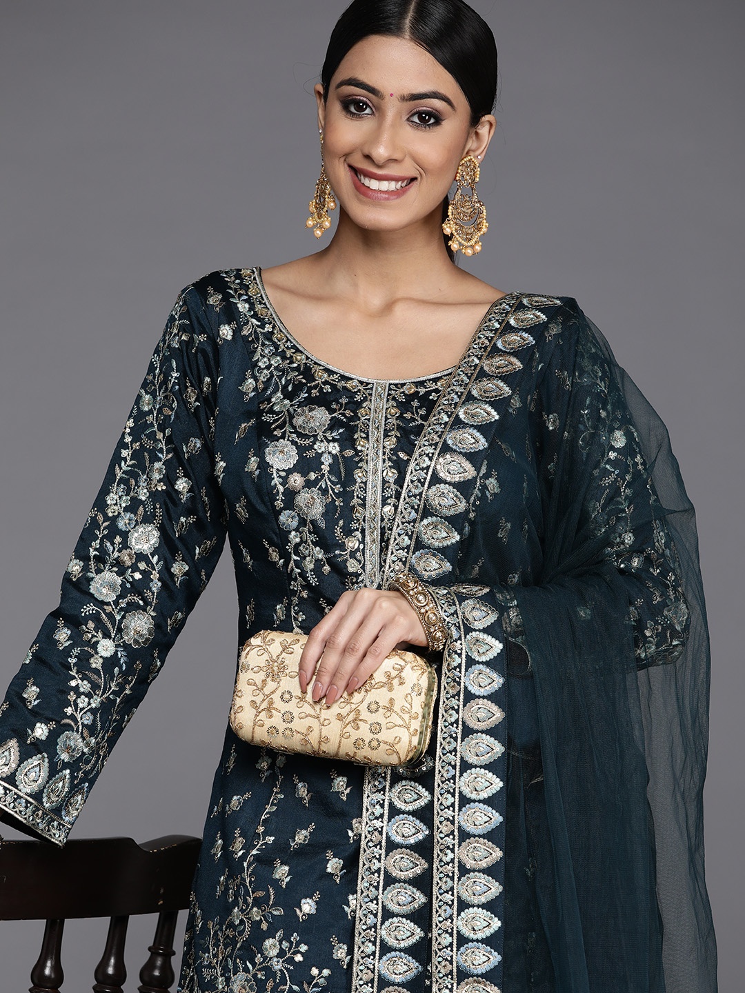 

Libas Women Teal Floral Embroidered Sequinned Pure Silk Kurta with Palazzos & With Dupatta