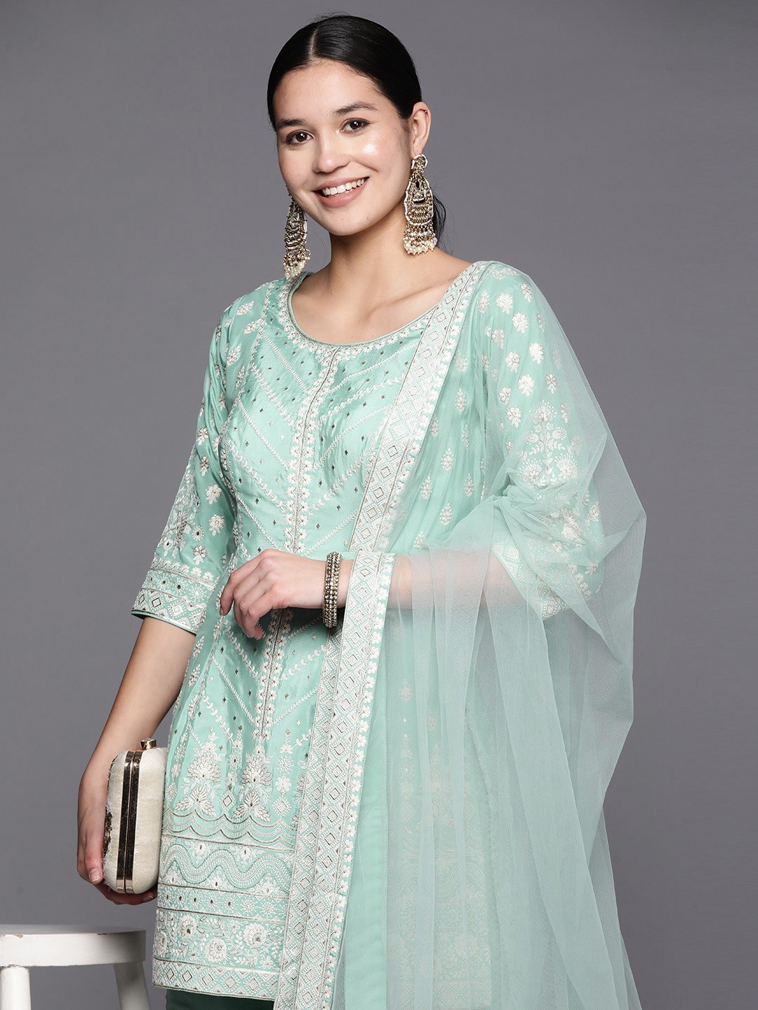 

Libas Women Ethnic Motifs Embroidered Pure Silk Kurti With Sharara & Dupatta, Sea green