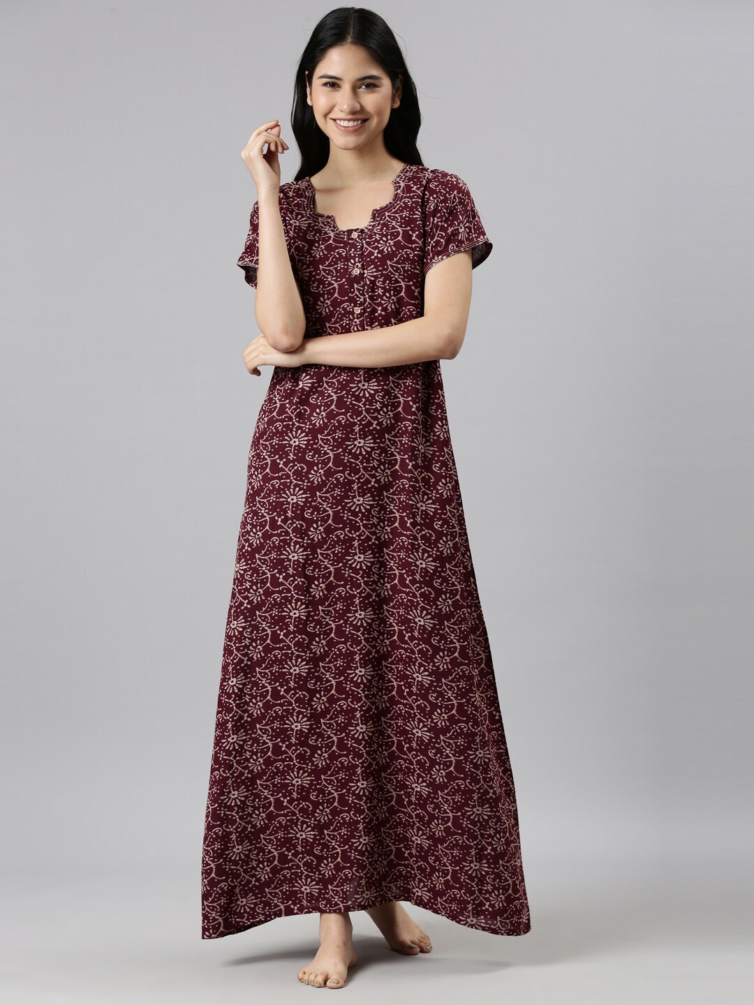 

GOLDSTROMS Maroon Printed Maxi Nightdress