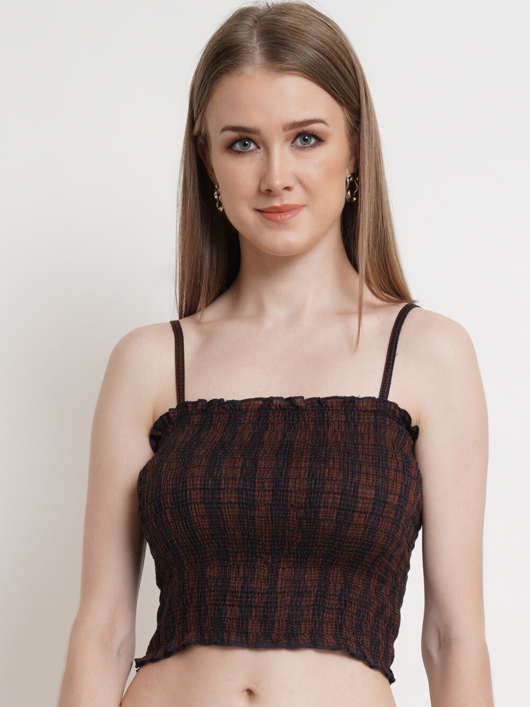 

Popwings Women Brown & Black Smocked Crop Top