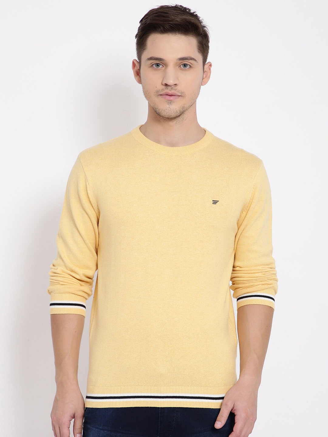 

t-base Men Yellow & Navy Blue Cotton Pullover Sweater