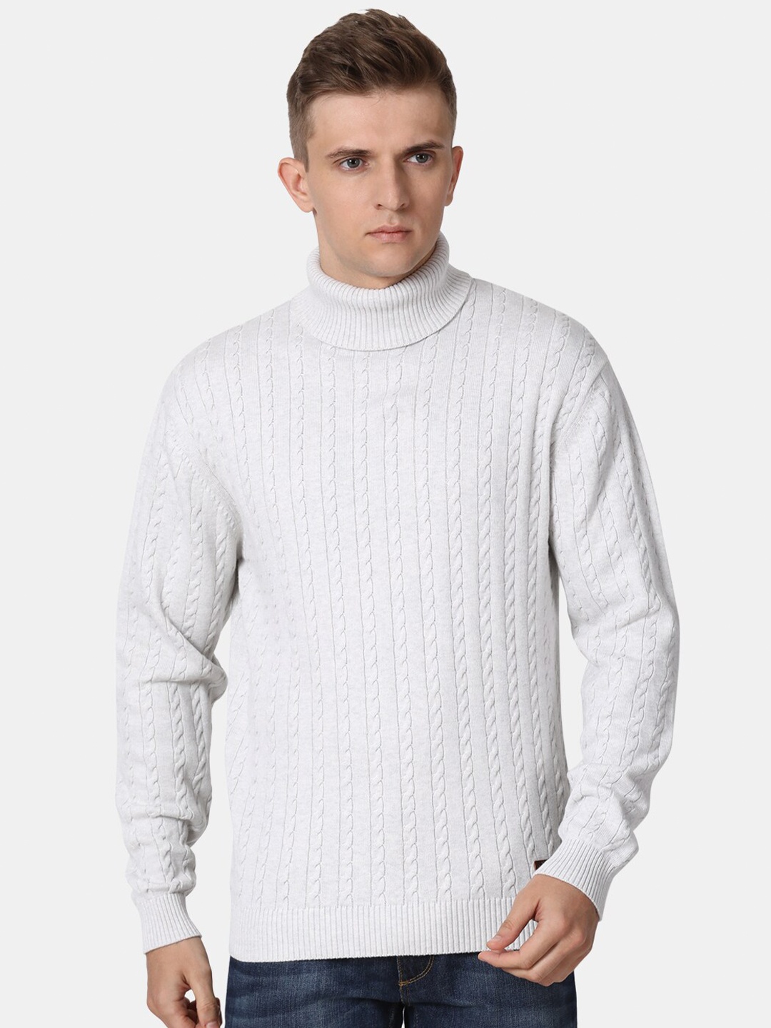 

t-base Men White Cable Knit Cotton Pullover Sweater