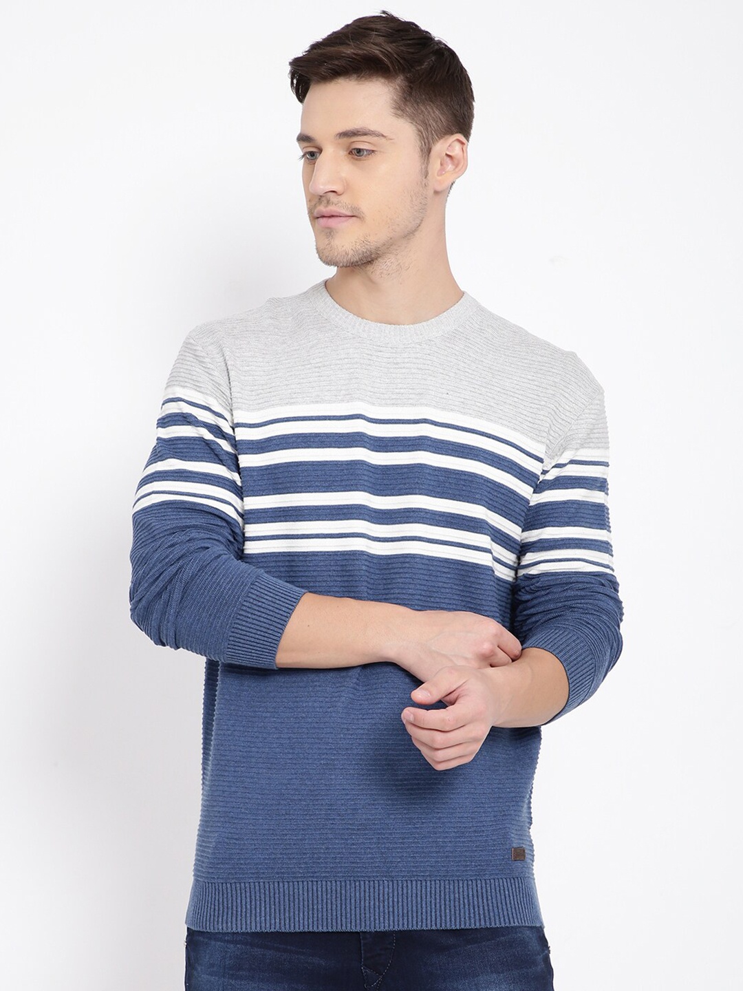 

t-base Men Blue & Grey Striped Cotton Pullover Sweater