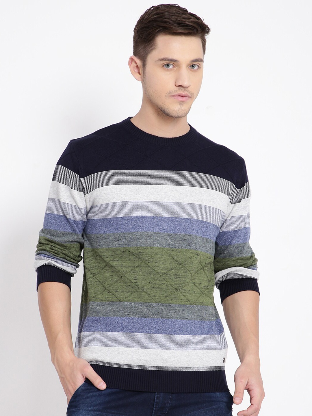 

t-base Men Green & Blue Striped Cotton Pullover Sweater