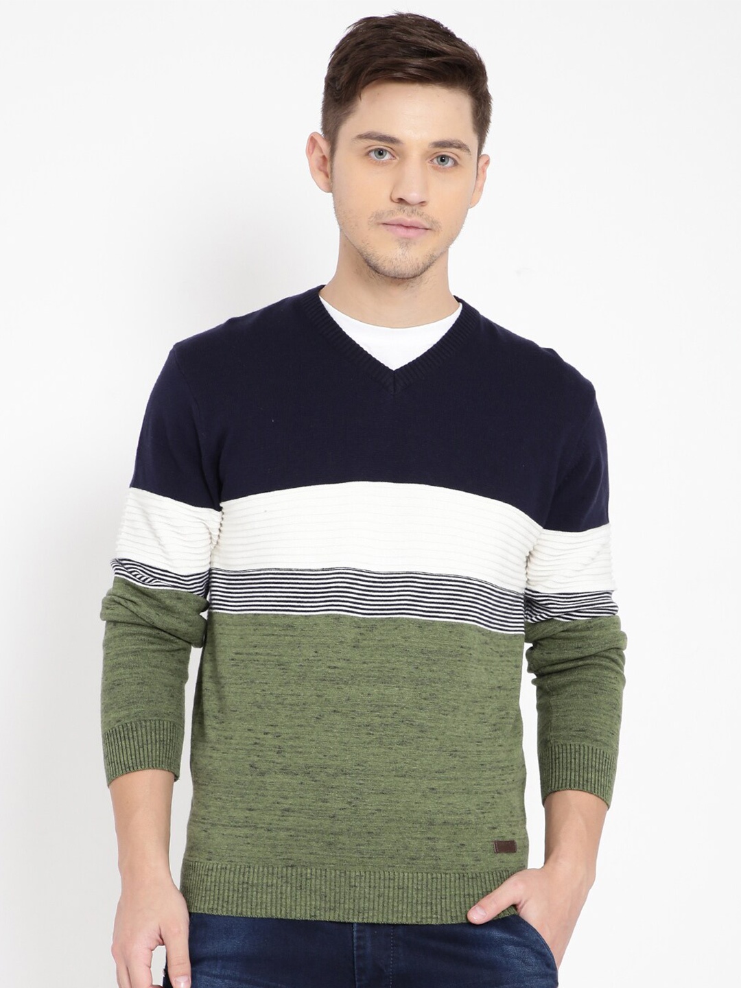

t-base Men Green & Navy Blue Striped Cotton Pullover Sweater
