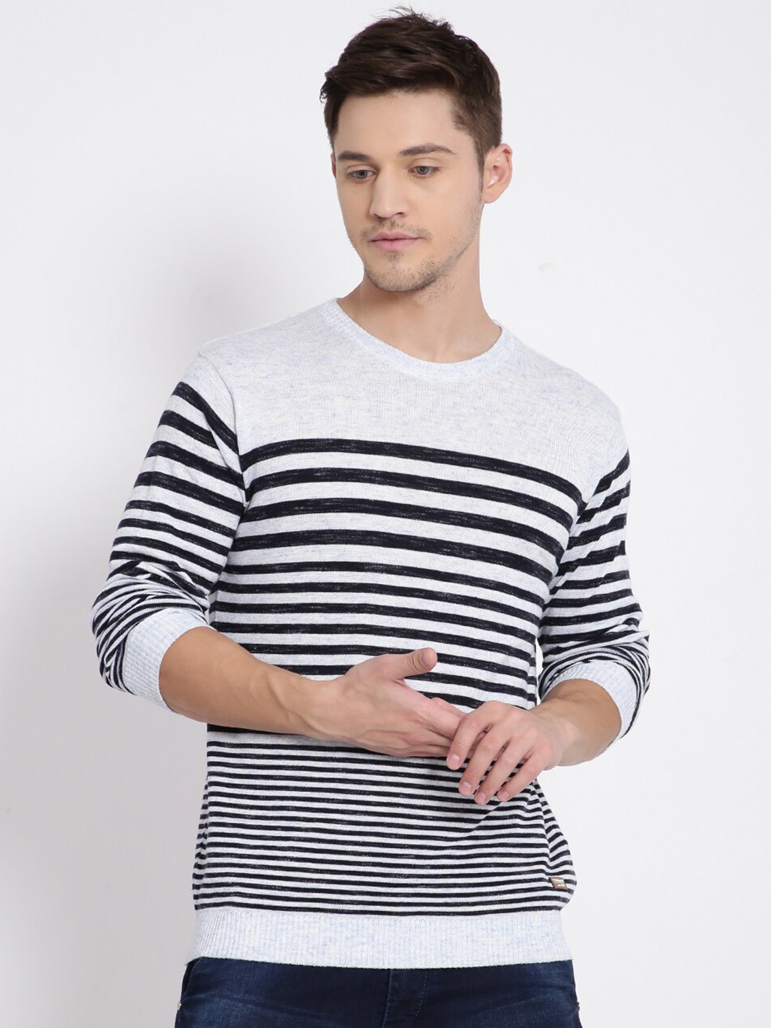 

t-base Men Blue & White Striped Cotton Pullover Sweater