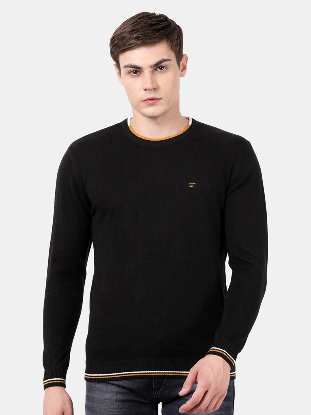 

t-base Men Black & Orange Cotton Pullover Sweater