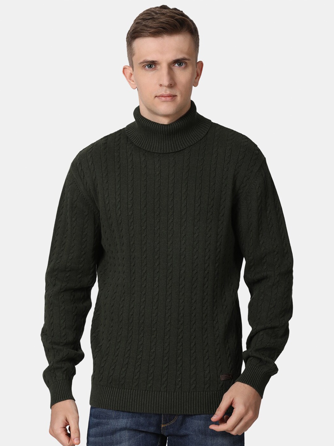 

t-base Men Green Cable Knit Cotton Pullover Sweater