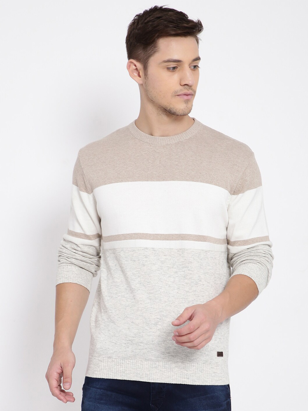 

t-base Men Grey & Beige Colourblocked Cotton Pullover Sweater