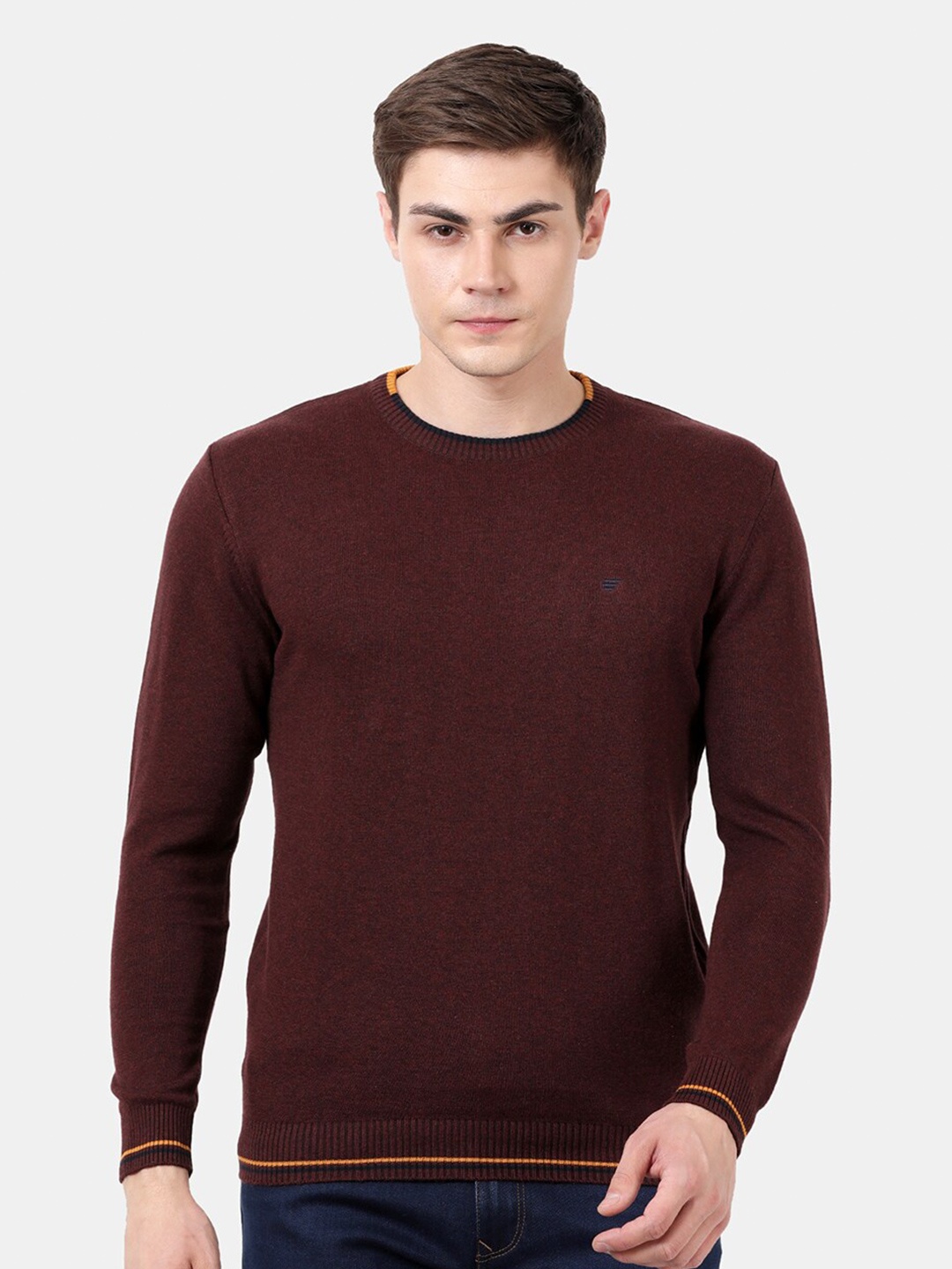 

t-base Men Brown & Yellow Cotton Pullover Sweater