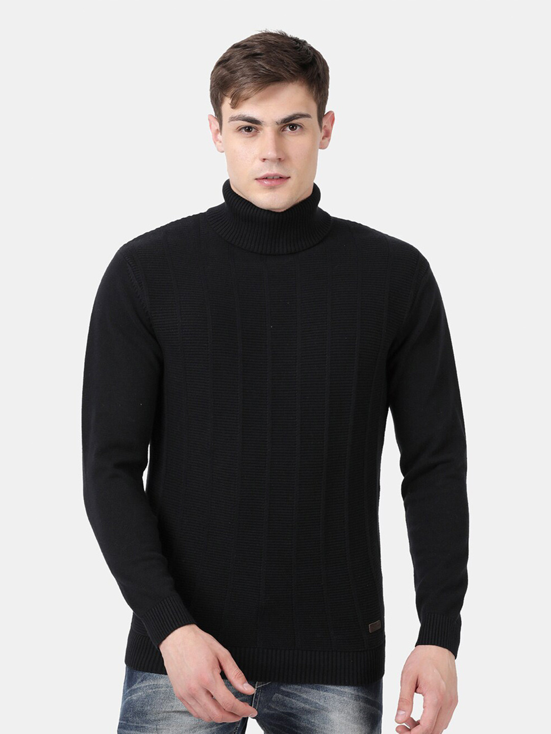 

t-base Men Black Cotton Ribbed Pullover Sweater
