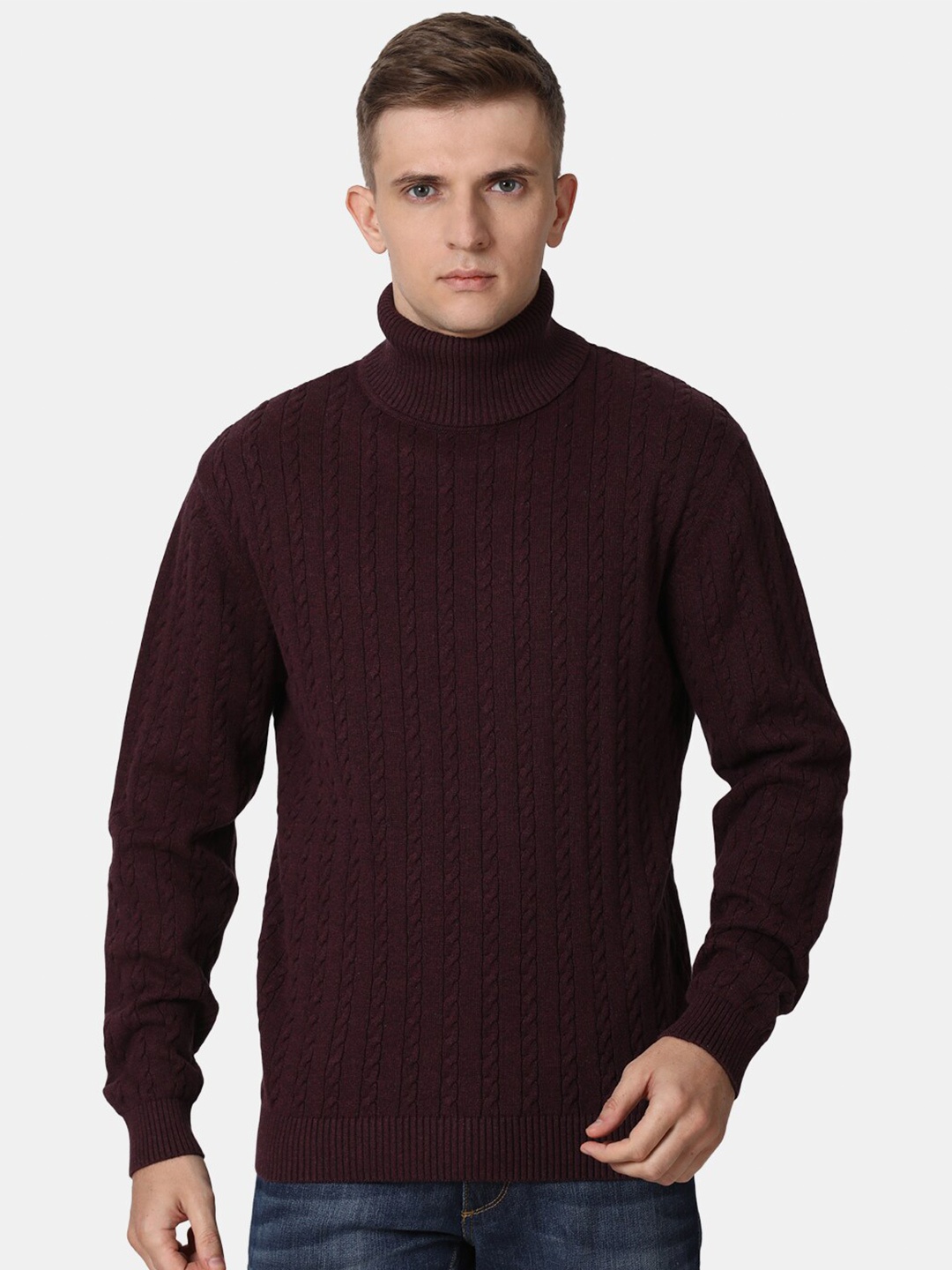 

t-base Men Maroon Cable Knit Cotton Pullover Sweater