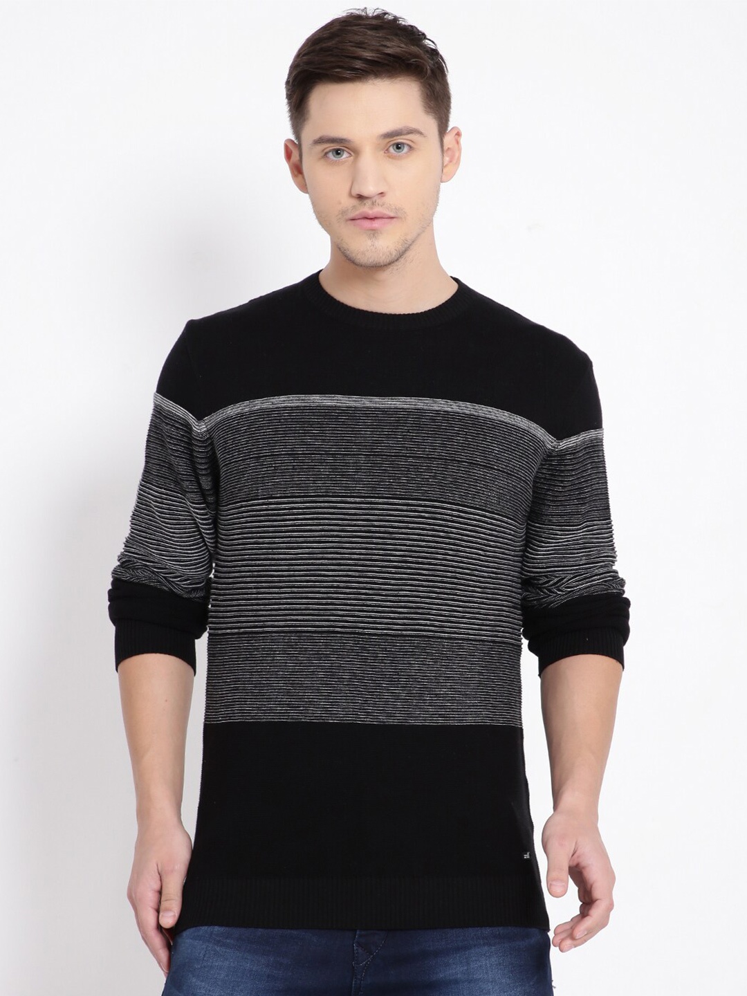 

t-base Men Black & Grey Striped Cotton Pullover Sweater