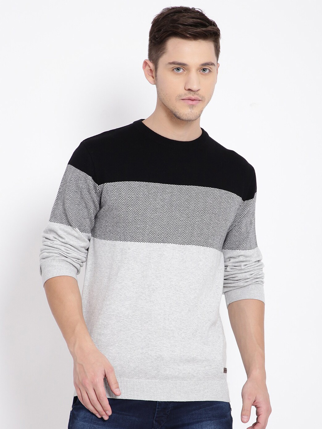 

t-base Men Black & Grey Colourblocked Cotton Pullover Sweater