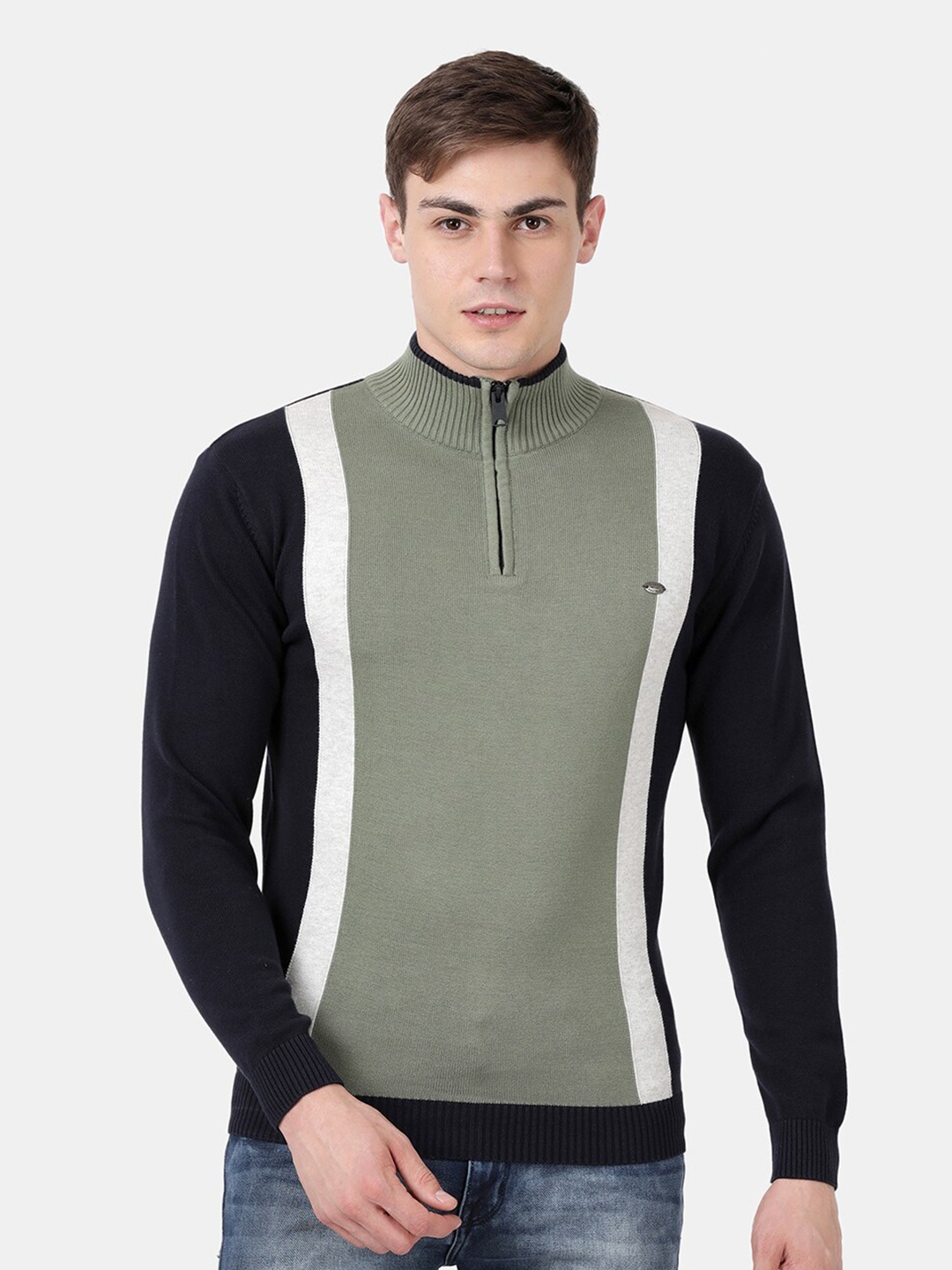 

t-base Men Olive Green & Black Colourblocked Cotton Pullover Sweater