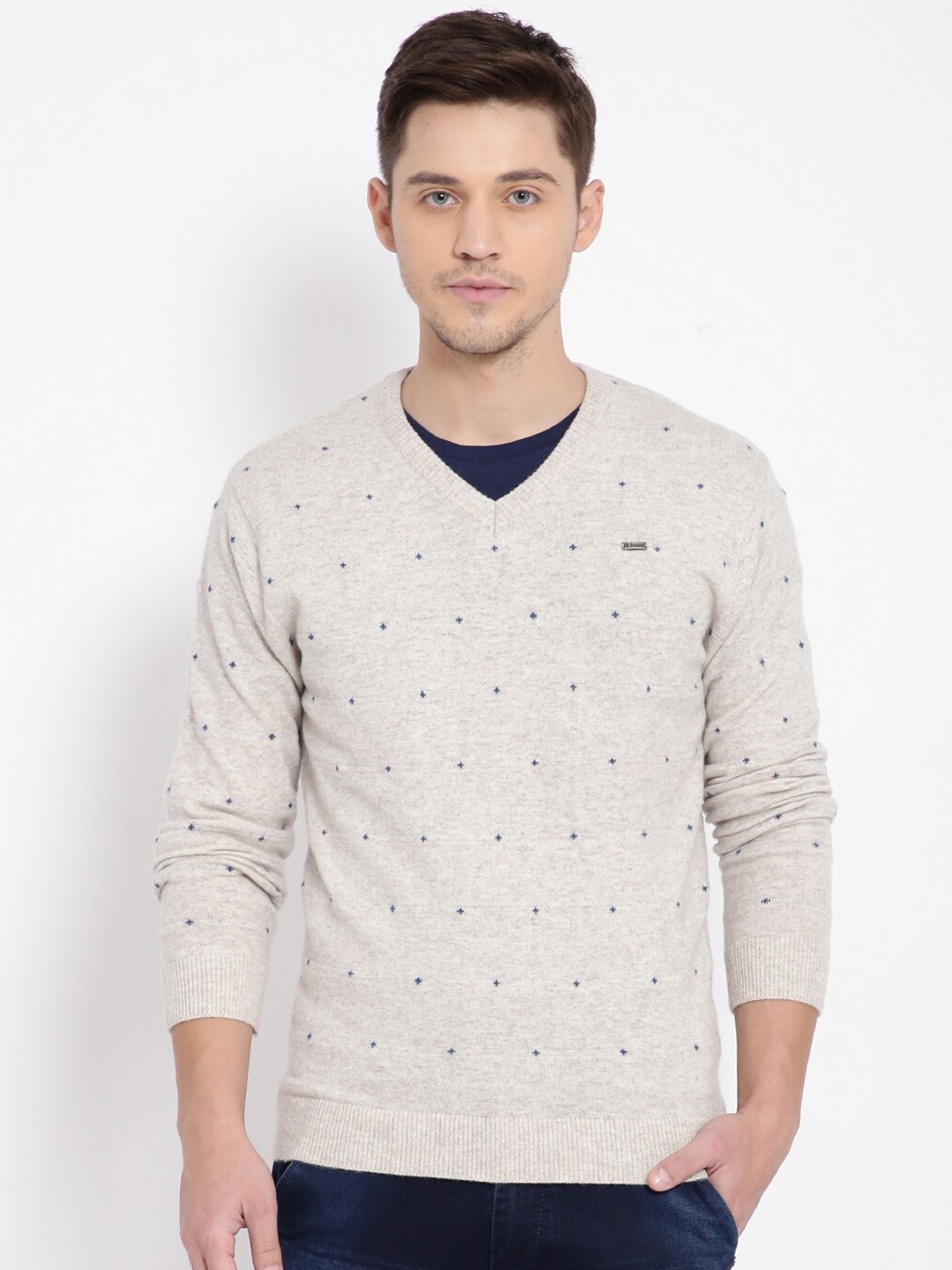 

t-base Men Grey & Blue Printed Pullover Sweater