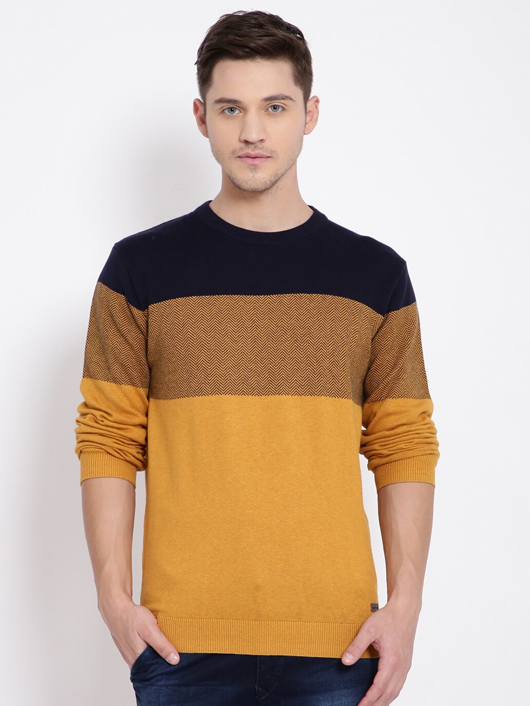

t-base Men Navy Blue & Yellow Colourblocked Cotton Pullover Sweater