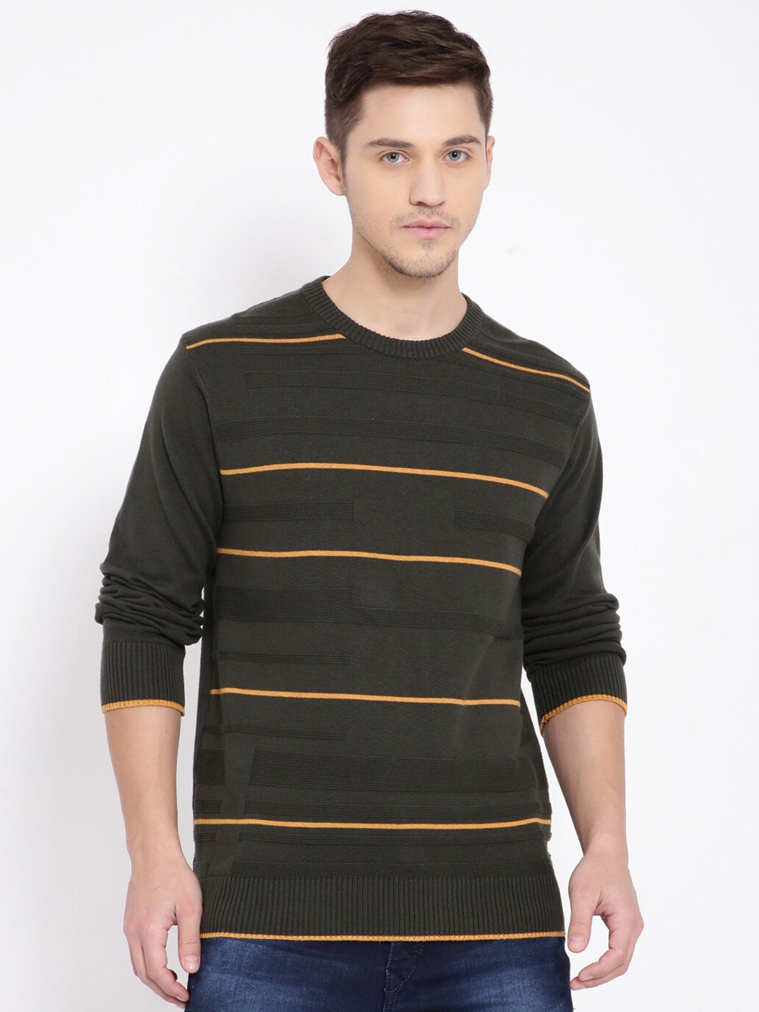

t-base Men Olive Green & Yellow Striped Cotton Pullover Sweater