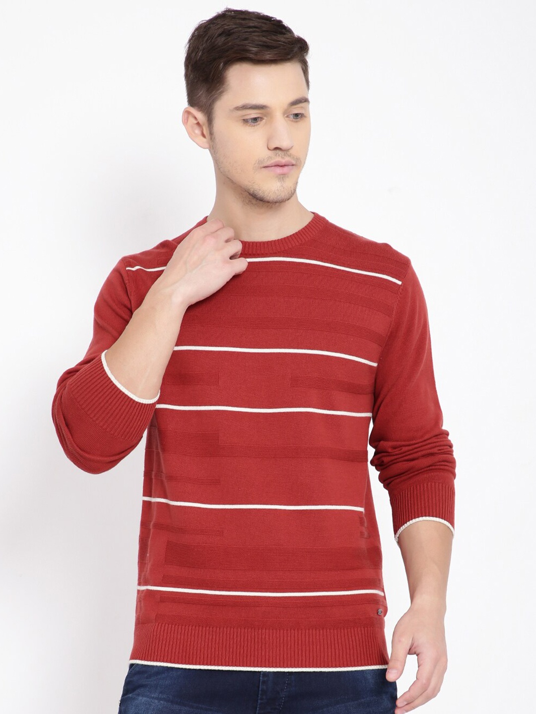 

t-base Men Rust & White Striped Cotton Pullover Sweater