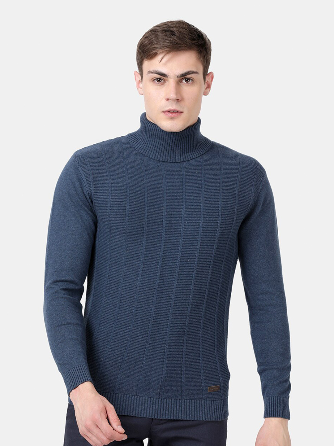 

t-base Men Blue Ribbed Cotton Pullover Sweater