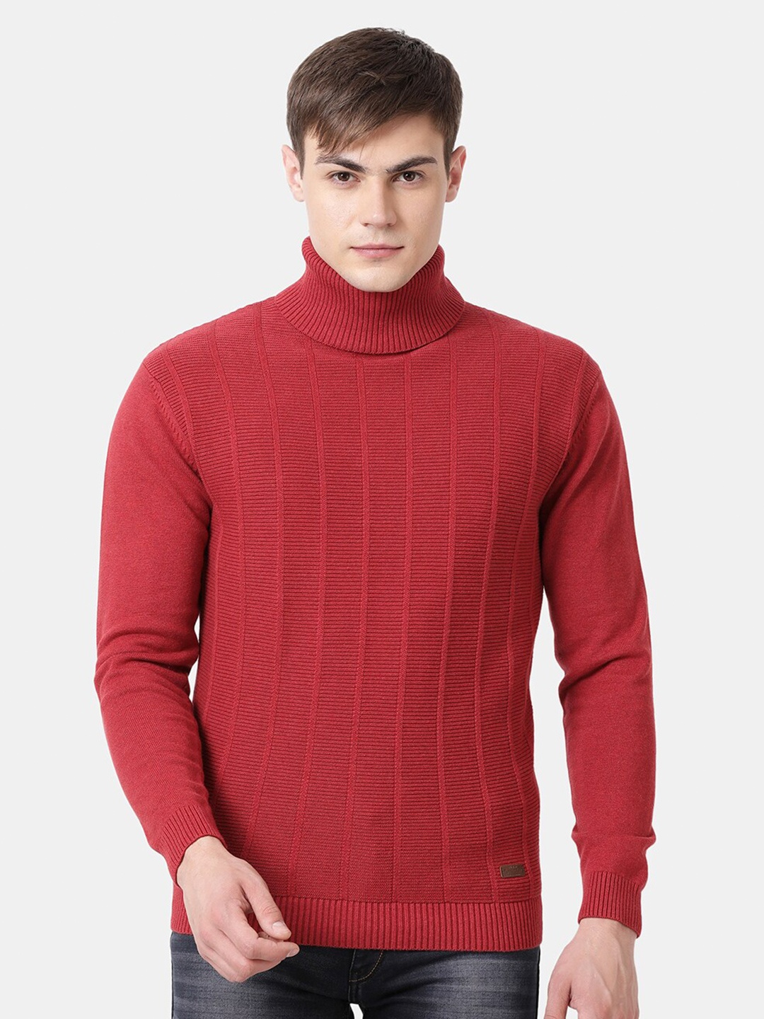 

t-base Men Red Ribbed Cotton Pullover Sweater