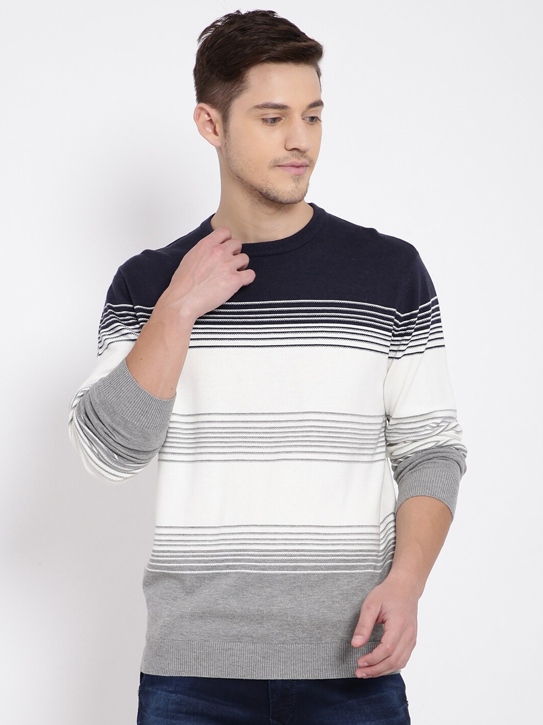 

t-base Men Navy Blue & White Striped Cotton Pullover Sweater