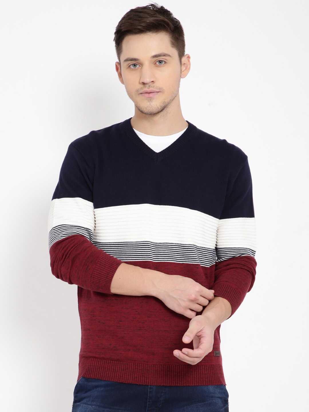 

t-base Men Red & Navy Blue Striped Cotton Pullover Sweater