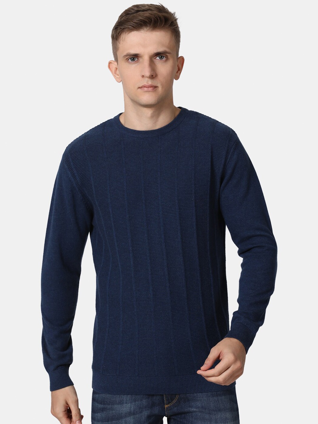 

t-base Men Navy Blue Ribbed Cotton Pullover Sweater