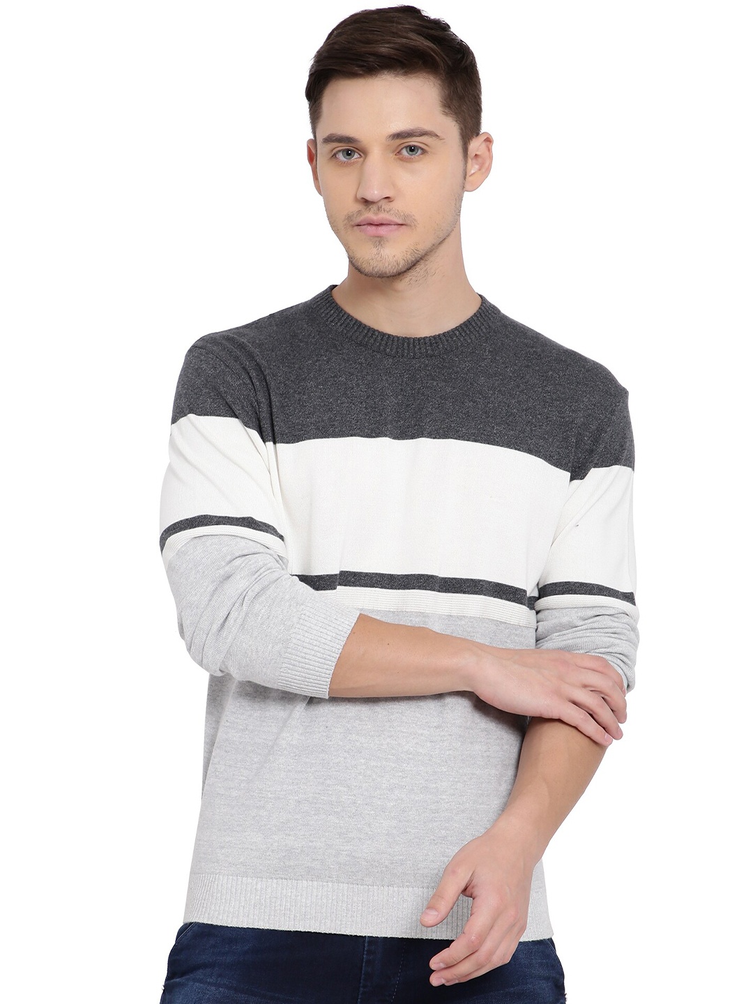 

t-base Men Black & White Colourblocked Cotton Pullover
