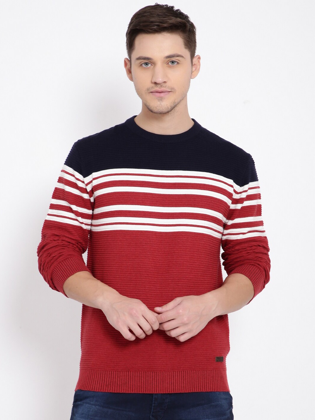 

t-base Men Red & Blue Striped Cotton Pullover