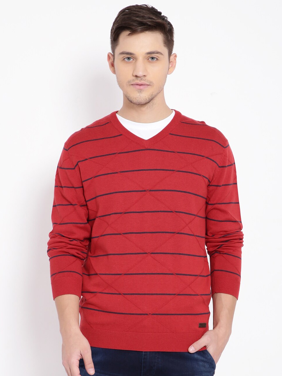 

t-base Men Orange Striped Cotton Pullover