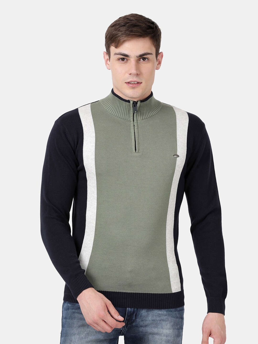 

t-base Men Plus Size Olive Green & Black Colourblocked Cotton Pullover