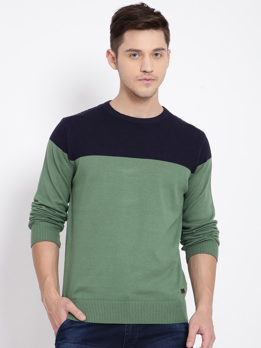 

t-base Men Green & Navy Blue Colourblocked Cotton Pullover