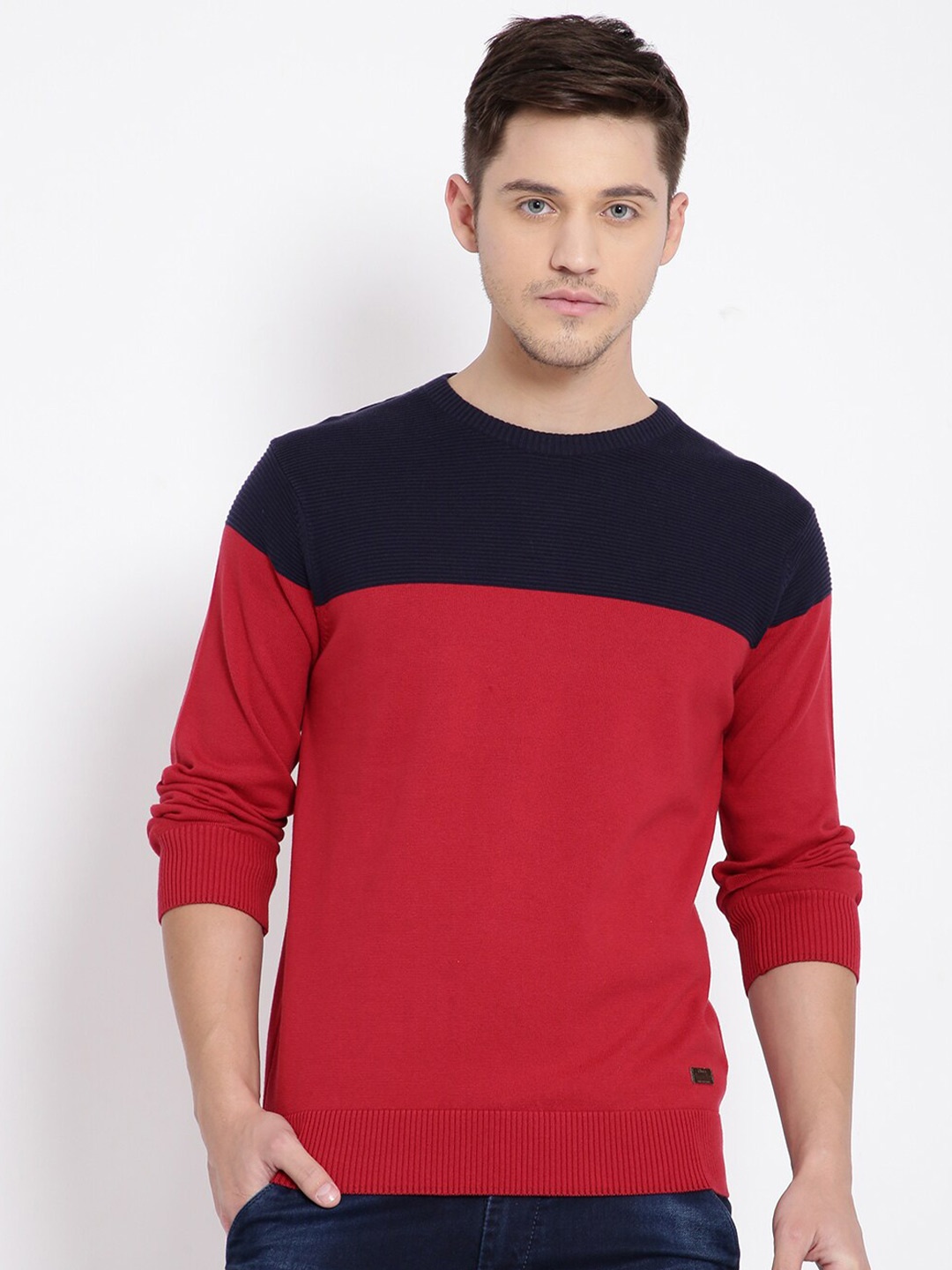 

t-base Men Red & Navy Blue Colourblocked Cotton Pullover