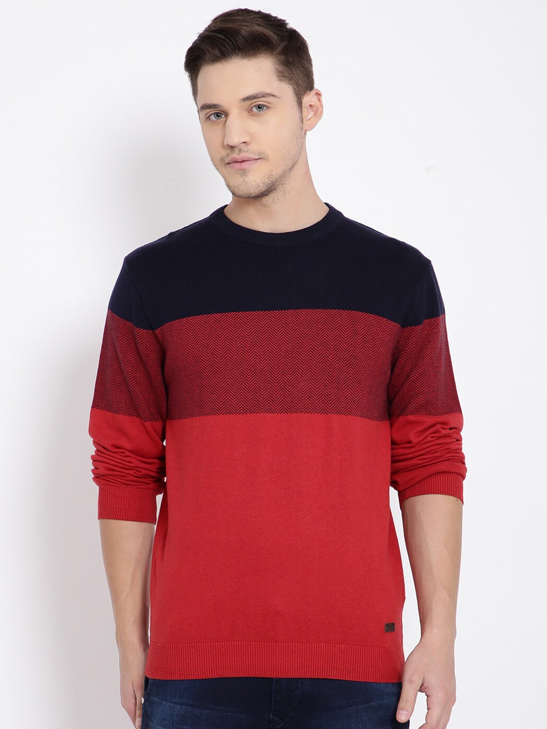 

t-base Men Red & Navy Blue Colourblocked Cotton Pullover