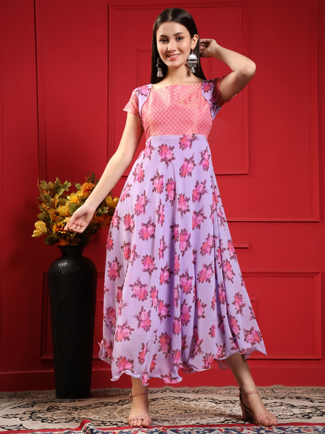 

KALINI Purple & Pink Floral Printed Ethnic Dress