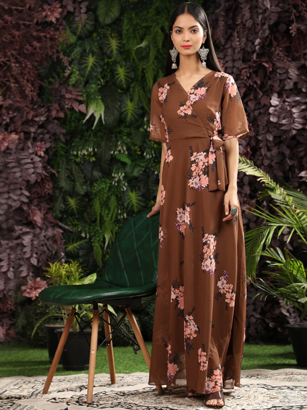 

KALINI Women Brown & Pink Floral-Printed Georgette Maxi Gown With Belt