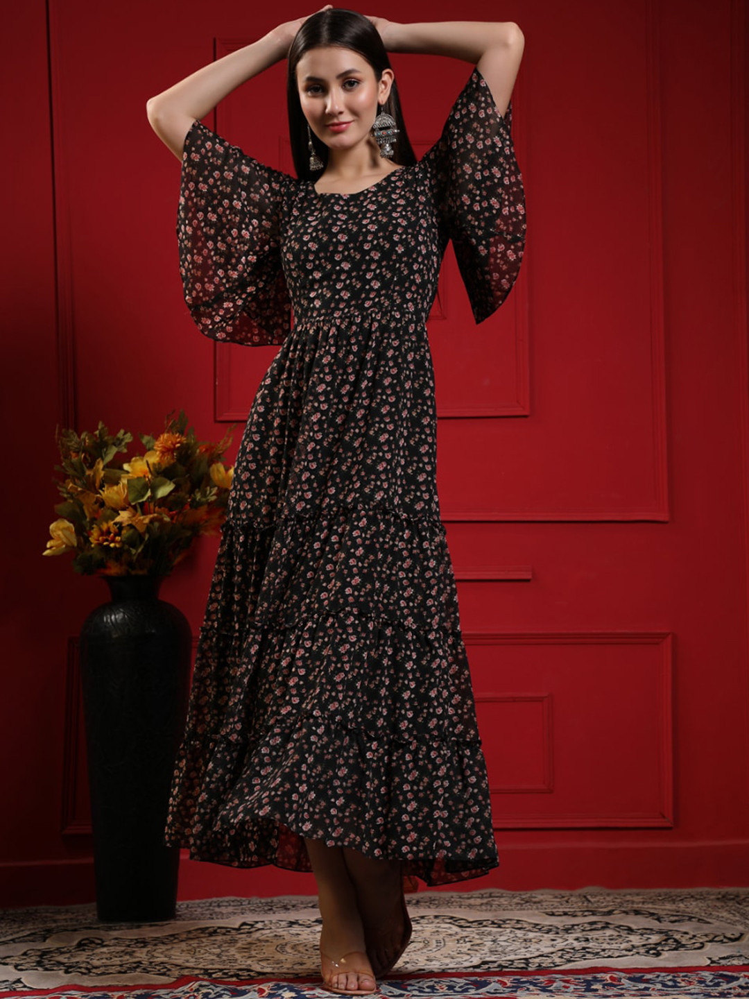 

KALINI Women Black Floral Printed Maxi Long Ethnic Dress