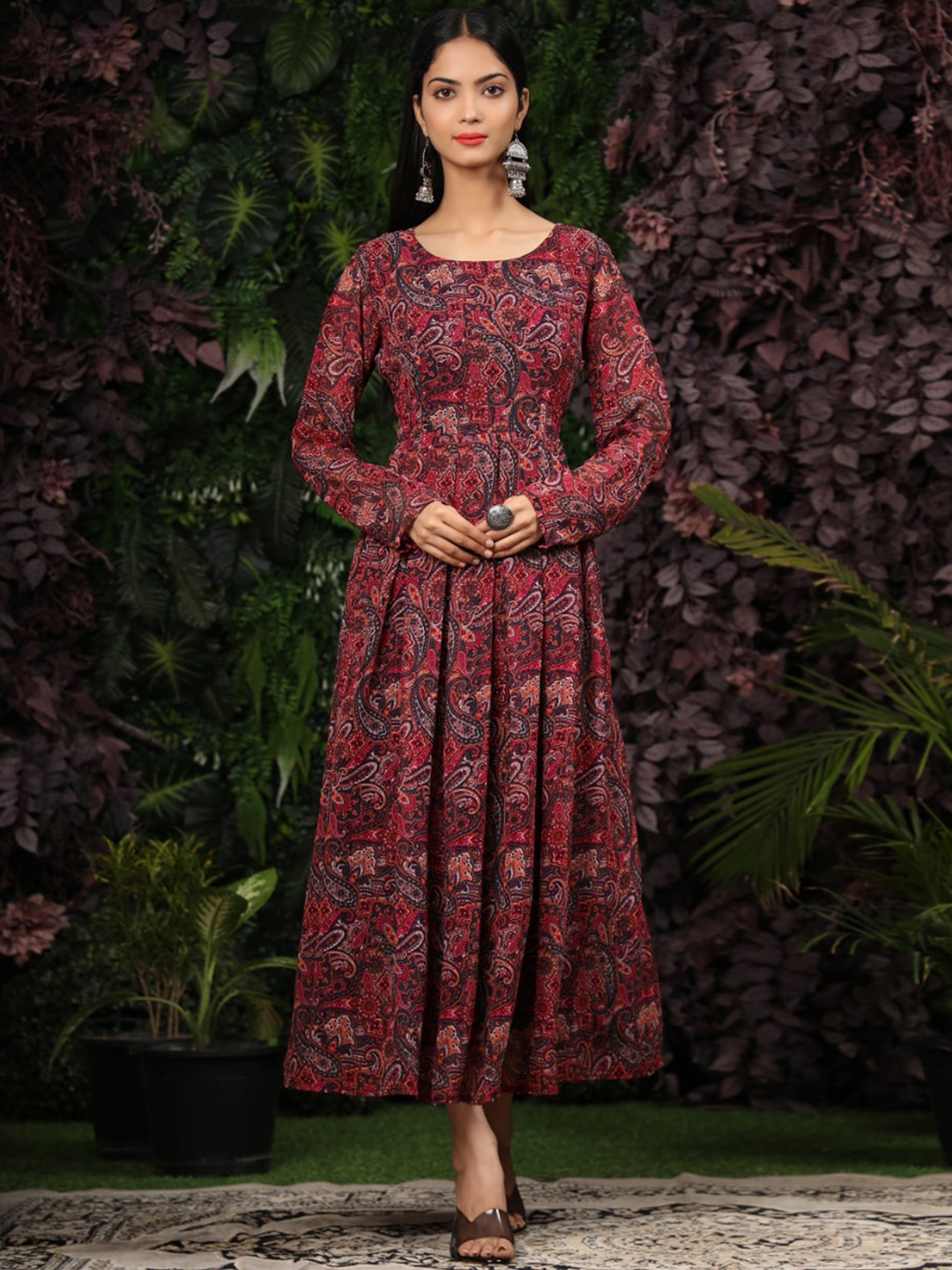 

KALINI Women Purple Printed Flared Maxi Ethnic Dress With Belt, Red
