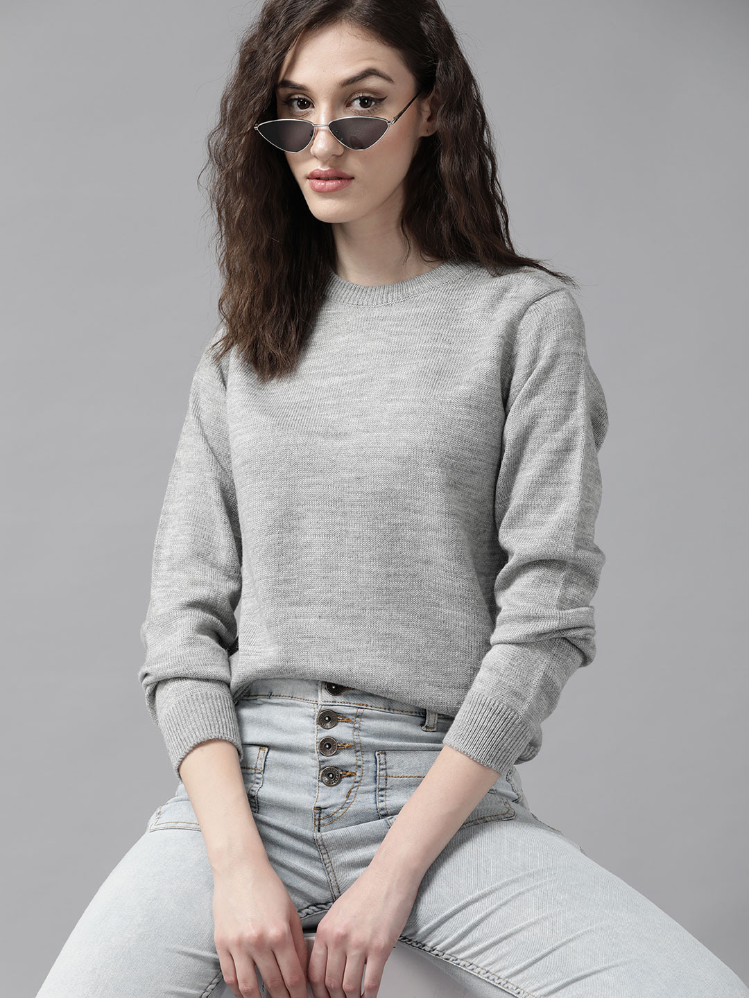

The Roadster Lifestyle Co. Women Grey Melange Solid Sweater