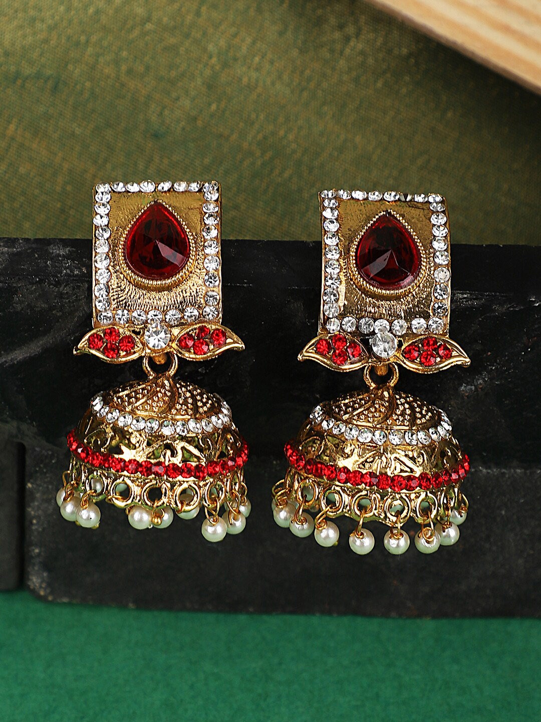 

ANIKAS CREATION Red Dome Shaped Jhumkas Earrings